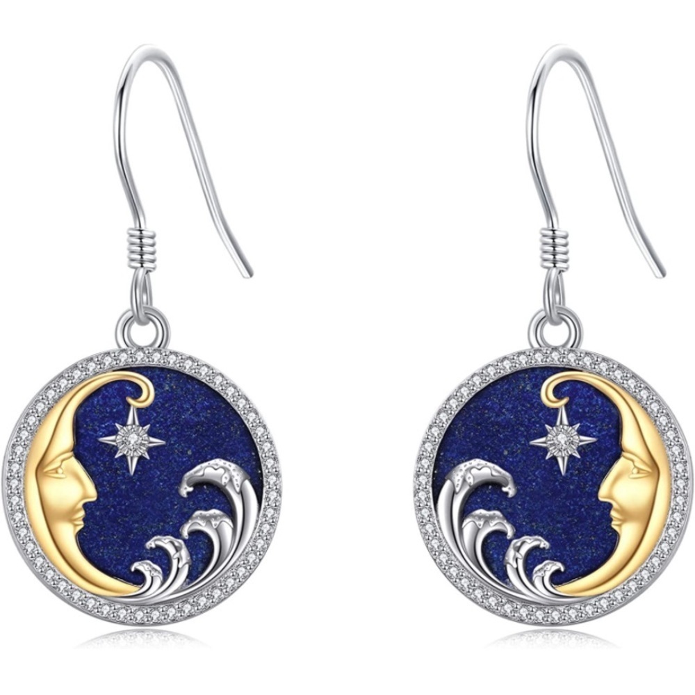 Lapus Lazuli Diamond Moon and Star Luxurious Starry Night Earrings